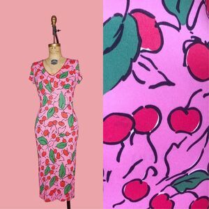 Y2K TESSUTO Bright Pink Illustrated CHERRY Fruit Novelty Print Wiggle Dress. S-M